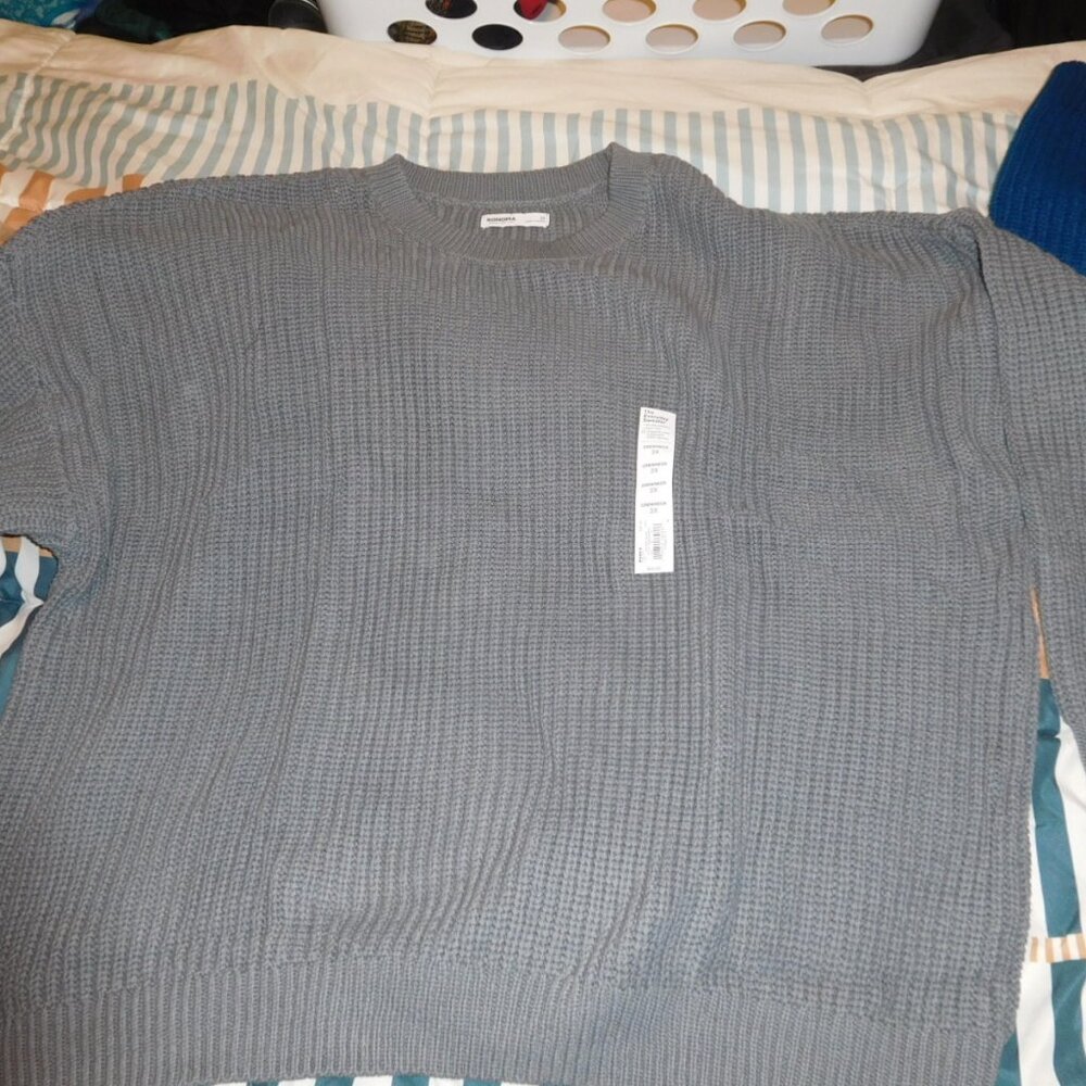 NWT 3X SONOMA THICK CABLE KNIT SWEATER CREW NECK BANDED BOTTOM GRAY